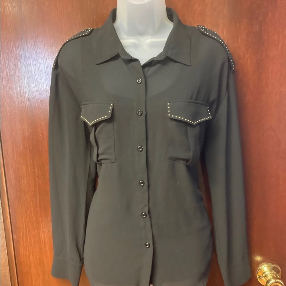 Stud-Trim Black Button-Up Women's Shirt